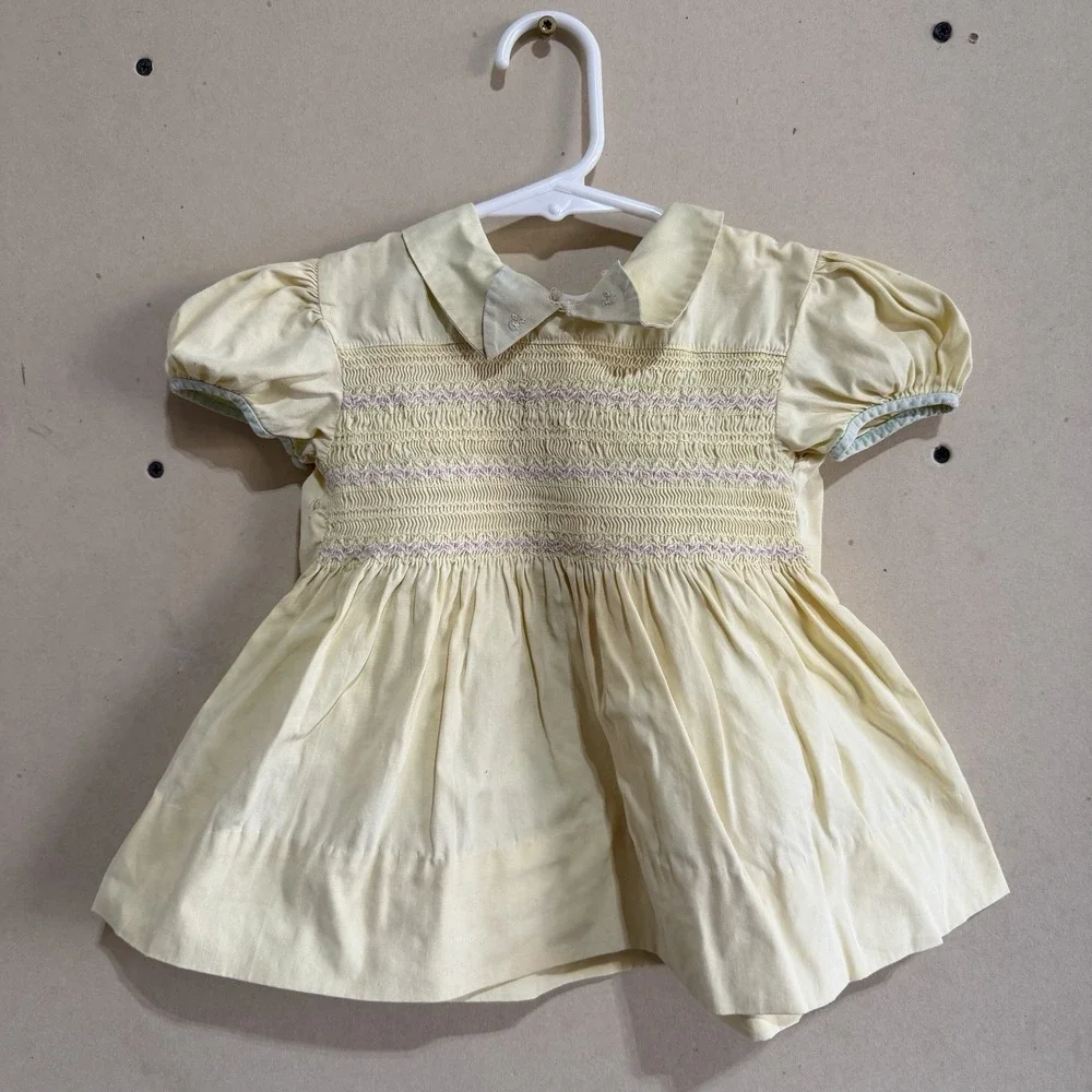 Vtg 50s Nannette Smocked Yellow Toddler Frock Dress Sz 2 Repair Flaws As-Is USA